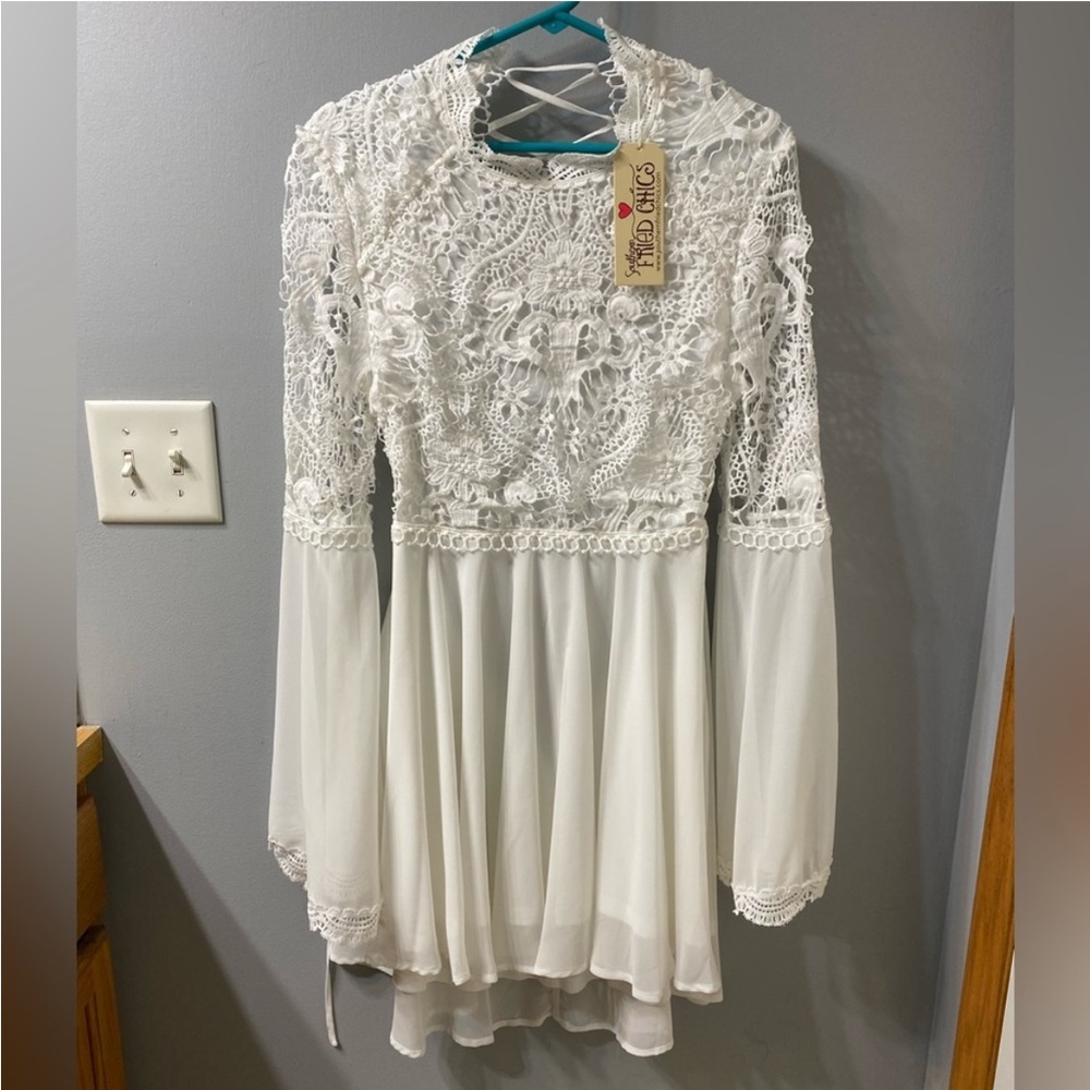 White lace bell sleeve dress